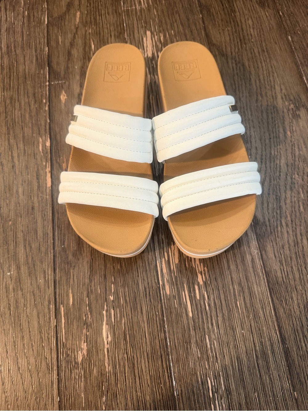 REEF Kaia 2 Bar White Tan Platform Slide Sandals Size 7